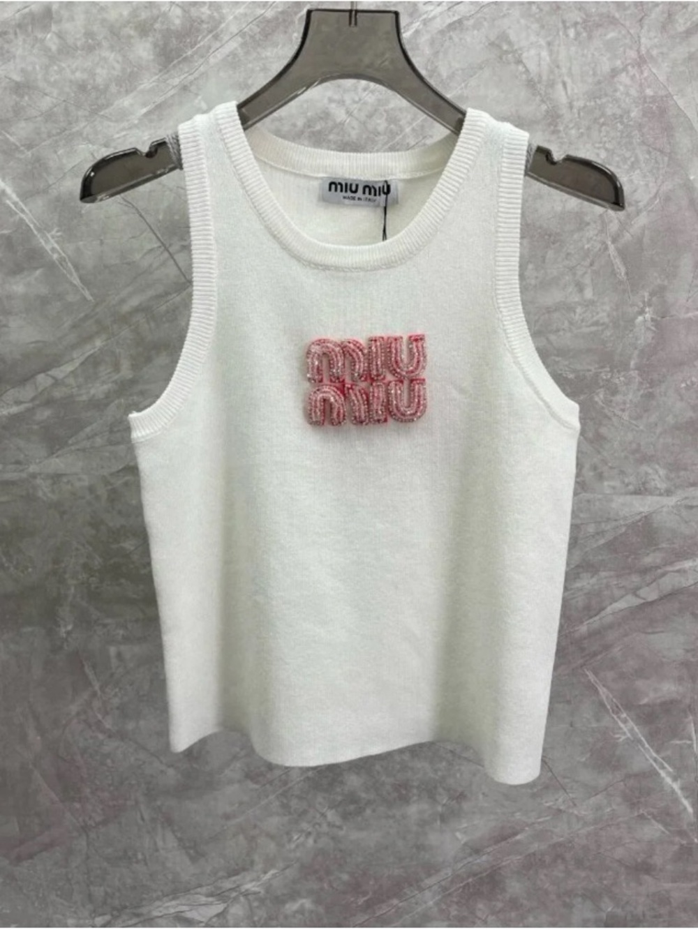 Miu Miu White Knit Tank with Pink Beaded Logo Patch
